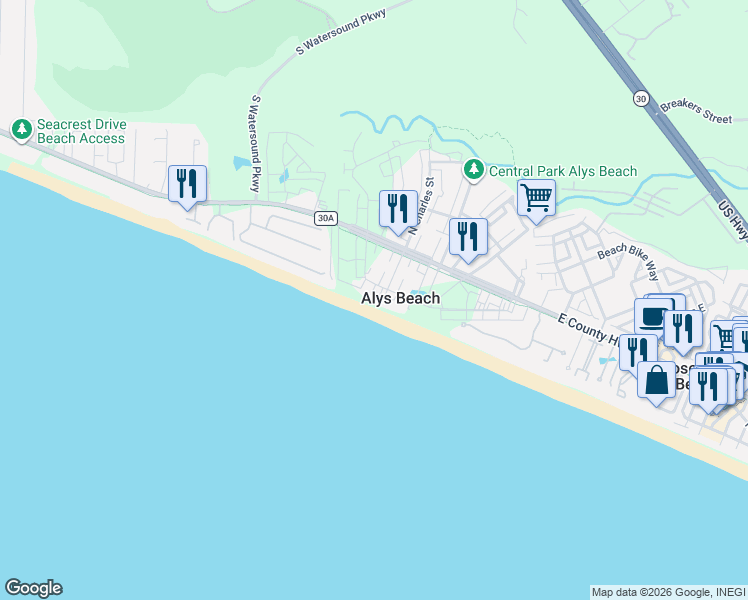 map of restaurants, bars, coffee shops, grocery stores, and more near in Alys Beach