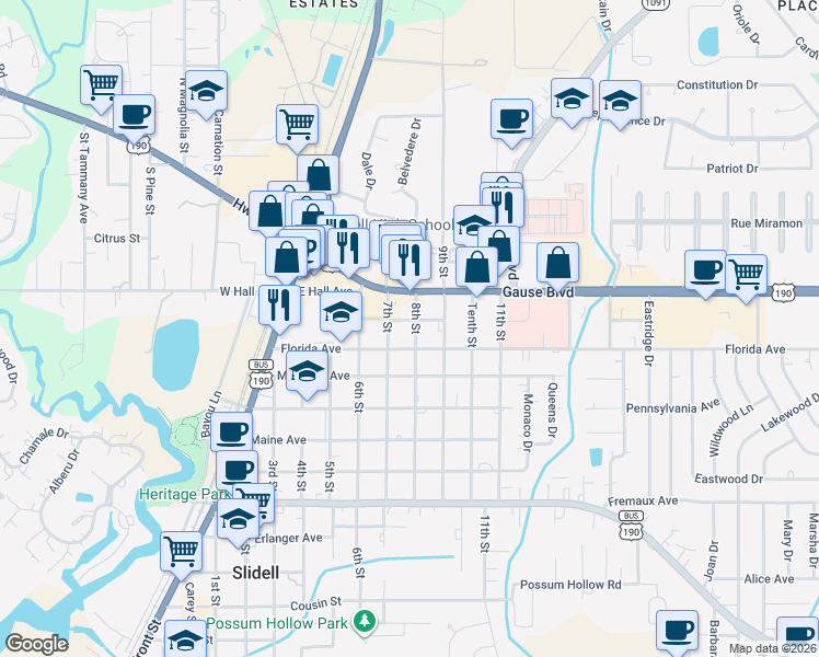 map of restaurants, bars, coffee shops, grocery stores, and more near 1410 8th Street in Slidell