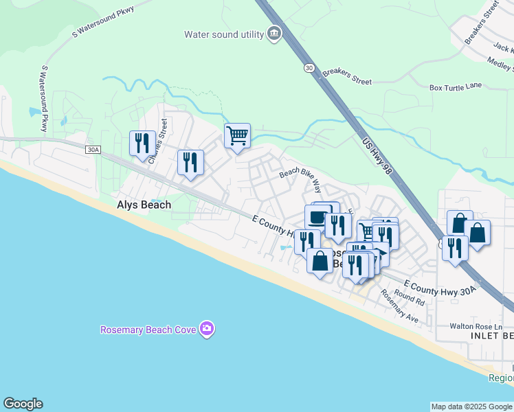 map of restaurants, bars, coffee shops, grocery stores, and more near 43 Sand Flea Drive in Rosemary Beach