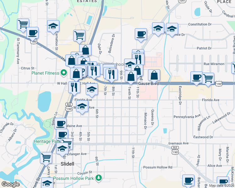 map of restaurants, bars, coffee shops, grocery stores, and more near 1410 8th Street in Slidell