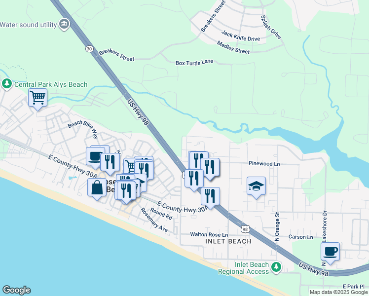 map of restaurants, bars, coffee shops, grocery stores, and more near 52 Martinique Drive in Panama City Beach