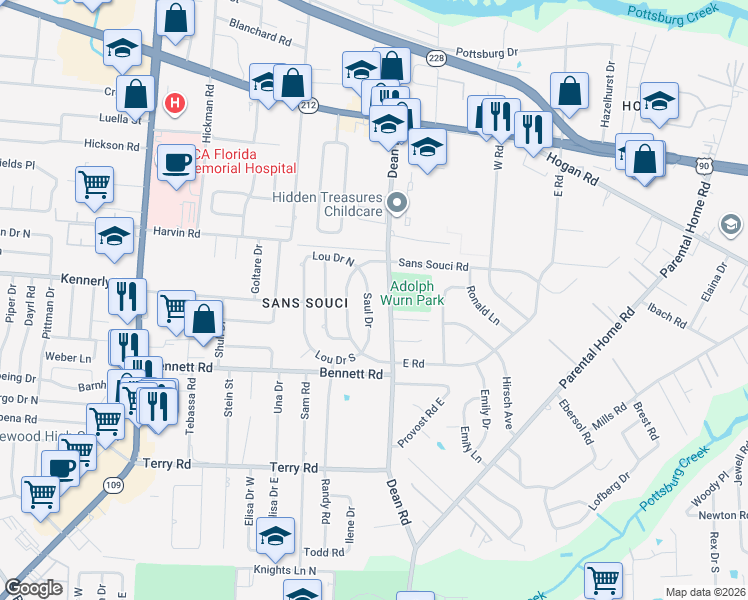 map of restaurants, bars, coffee shops, grocery stores, and more near 2147 Saul Dr in Jacksonville