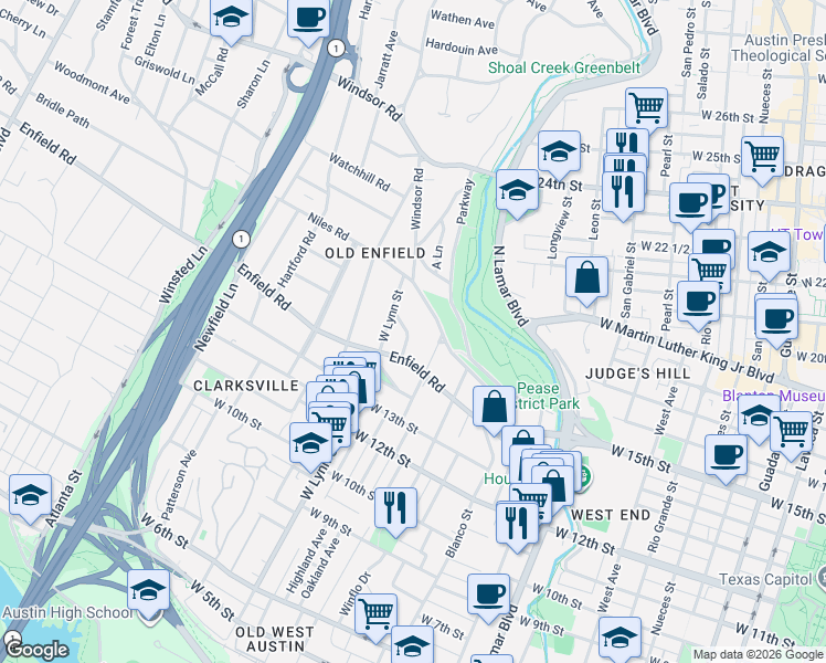 map of restaurants, bars, coffee shops, grocery stores, and more near 1507 Murray Lane in Austin