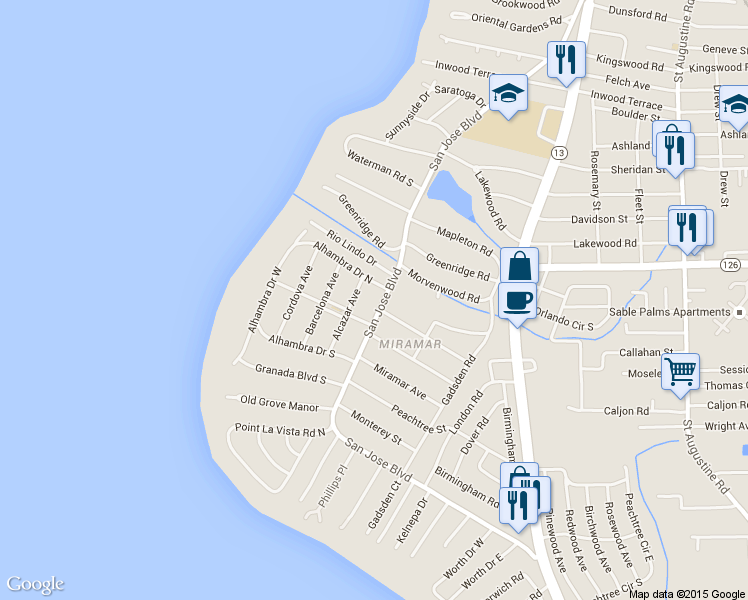 map of restaurants, bars, coffee shops, grocery stores, and more near 3936 San Jose Boulevard in Jacksonville