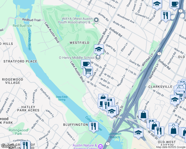 map of restaurants, bars, coffee shops, grocery stores, and more near 2601 West 8th Street in Austin