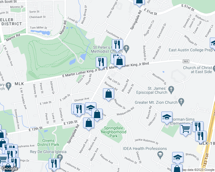 map of restaurants, bars, coffee shops, grocery stores, and more near 4611 Bandera Road in Austin