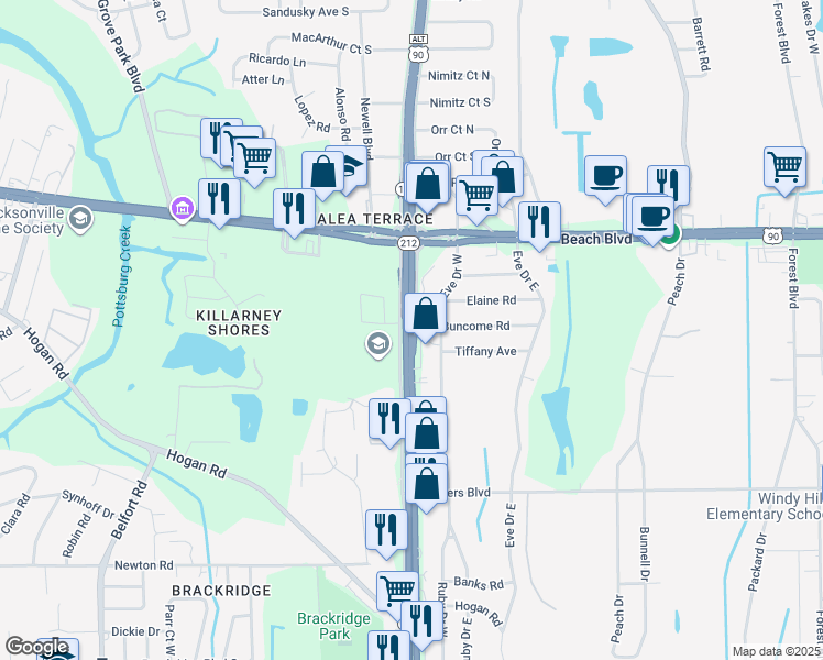 map of restaurants, bars, coffee shops, grocery stores, and more near Southside Boulevard in Jacksonville