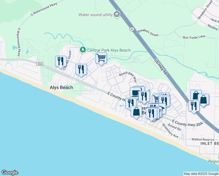 map of restaurants, bars, coffee shops, grocery stores, and more near 43 Sand Flea Drive in Panama City Beach