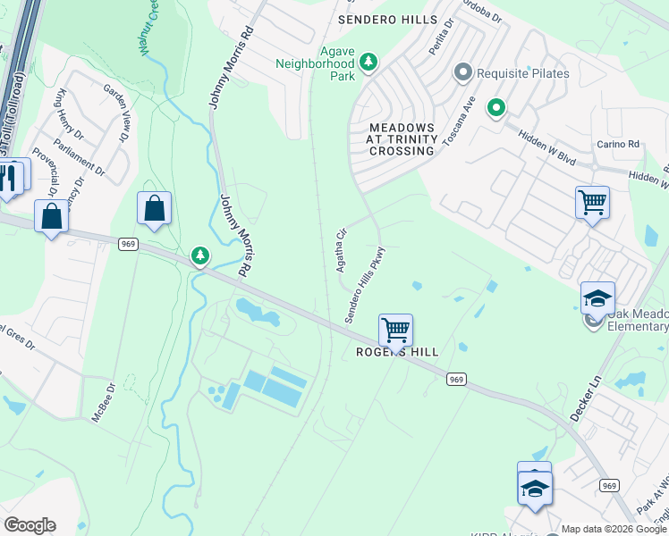 map of restaurants, bars, coffee shops, grocery stores, and more near 5340 Agatha Circle in Austin