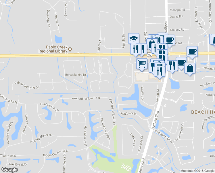 map of restaurants, bars, coffee shops, grocery stores, and more near 13518 Stone Pond Drive in Jacksonville