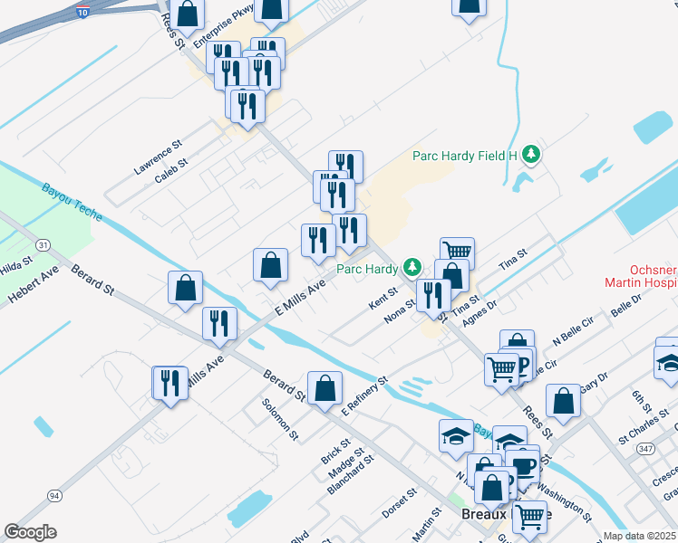 map of restaurants, bars, coffee shops, grocery stores, and more near Louisiana 94 in Breaux Bridge
