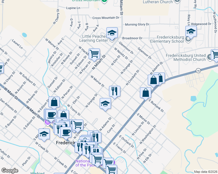 map of restaurants, bars, coffee shops, grocery stores, and more near 806 North Orange Street in Fredericksburg