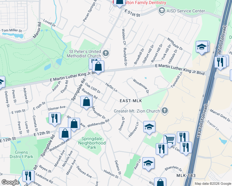 map of restaurants, bars, coffee shops, grocery stores, and more near 5005 Heflin Lane in Austin