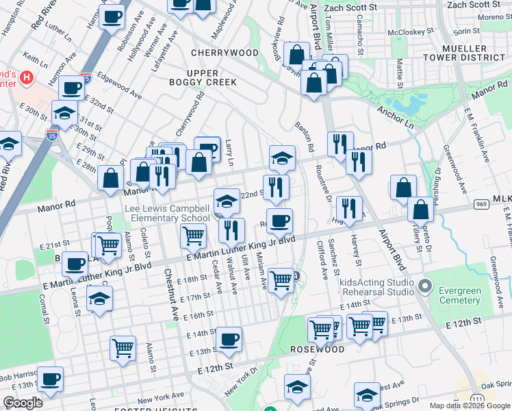 map of restaurants, bars, coffee shops, grocery stores, and more near 2805 East 22nd Street in Austin