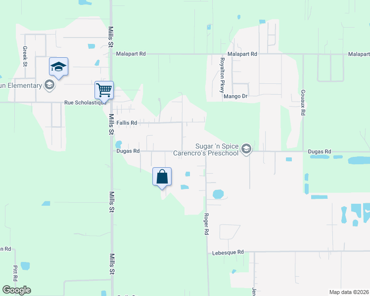 map of restaurants, bars, coffee shops, grocery stores, and more near 1114 Dugas Road in Lafayette