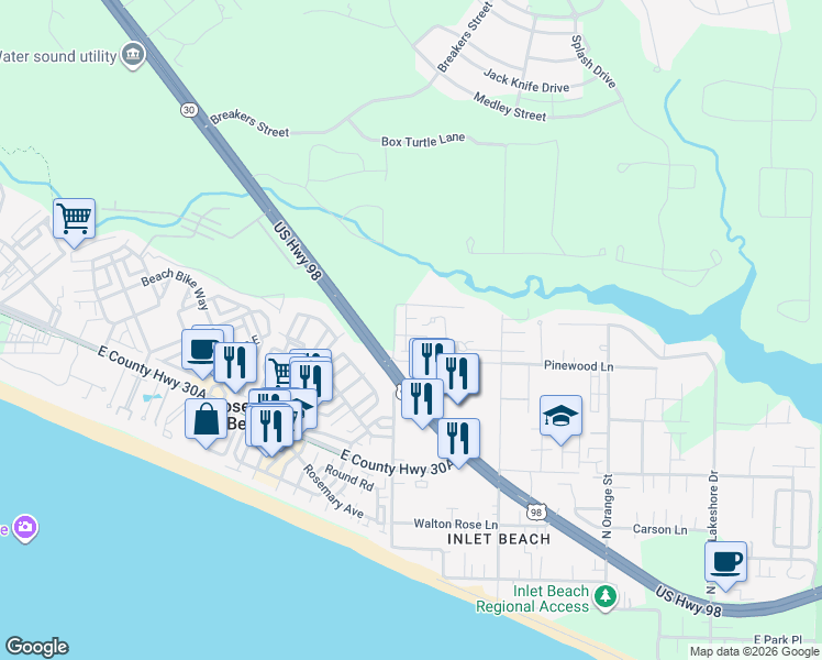 map of restaurants, bars, coffee shops, grocery stores, and more near 41 West Shore Place in Walton County