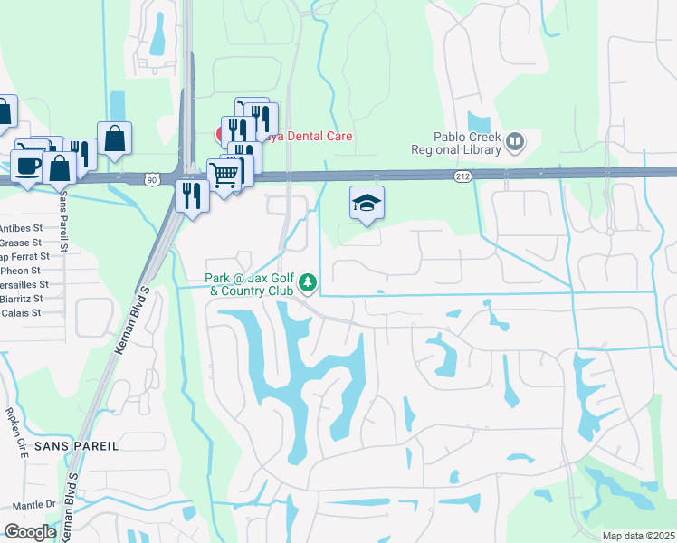 map of restaurants, bars, coffee shops, grocery stores, and more near 12780 Oxford Crossing Drive in Jacksonville