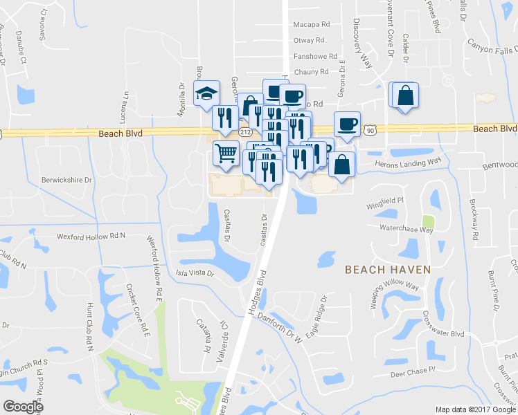 map of restaurants, bars, coffee shops, grocery stores, and more near 3789 Casitas Drive in Jacksonville