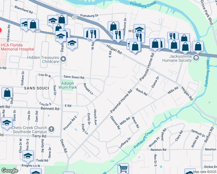 map of restaurants, bars, coffee shops, grocery stores, and more near 7120 Sans Souci Road in Jacksonville