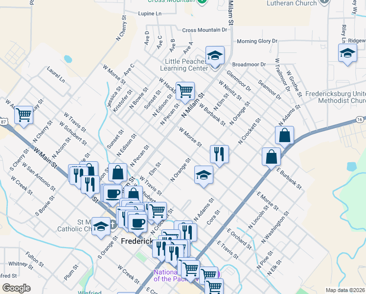 map of restaurants, bars, coffee shops, grocery stores, and more near 306 West Centre Street in Fredericksburg