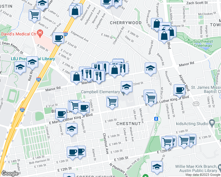 map of restaurants, bars, coffee shops, grocery stores, and more near 2107 Maldon Place in Austin