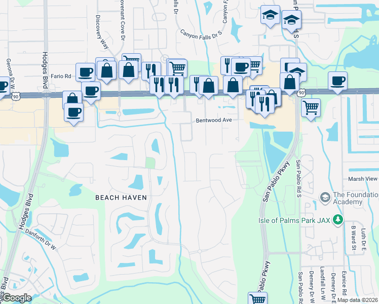 map of restaurants, bars, coffee shops, grocery stores, and more near 14051 Claridge Road East in Jacksonville