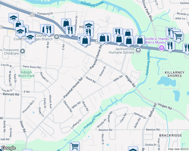 map of restaurants, bars, coffee shops, grocery stores, and more near 8067 Parental Circle in Jacksonville