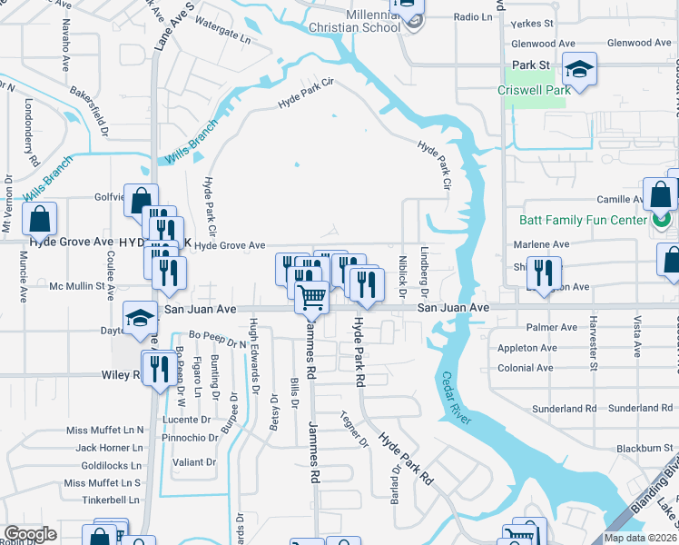map of restaurants, bars, coffee shops, grocery stores, and more near 6345 Kimberly Lane in Jacksonville