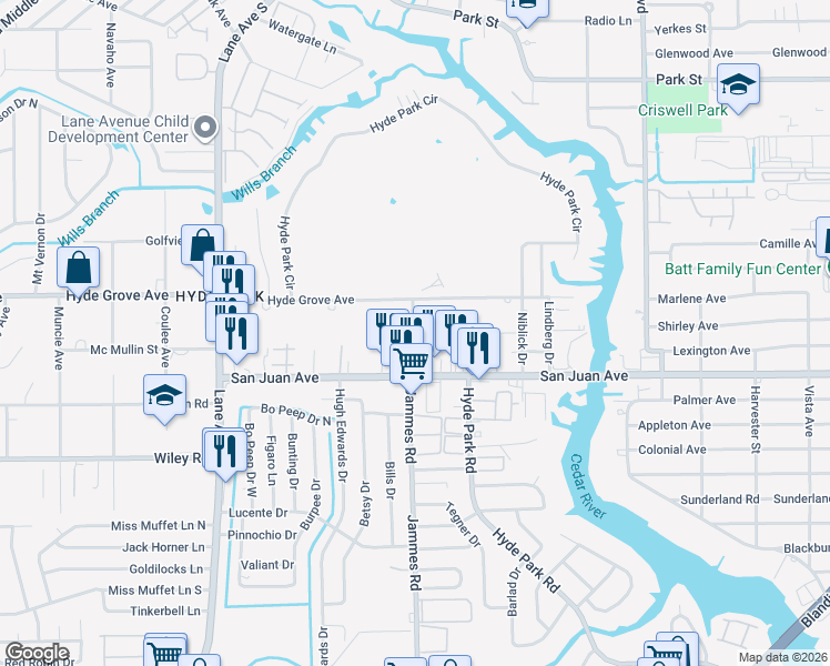 map of restaurants, bars, coffee shops, grocery stores, and more near 6345 Kimberly Lane in Jacksonville