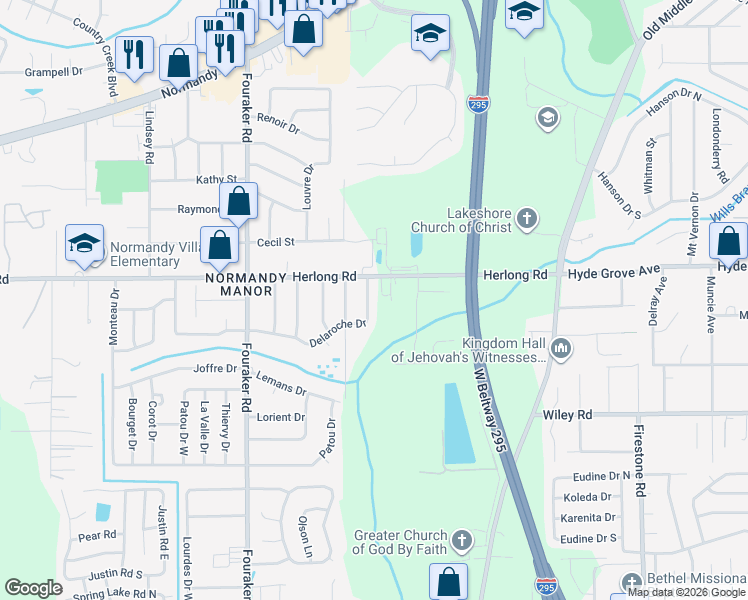 map of restaurants, bars, coffee shops, grocery stores, and more near 1927 Delaroche Drive in Jacksonville
