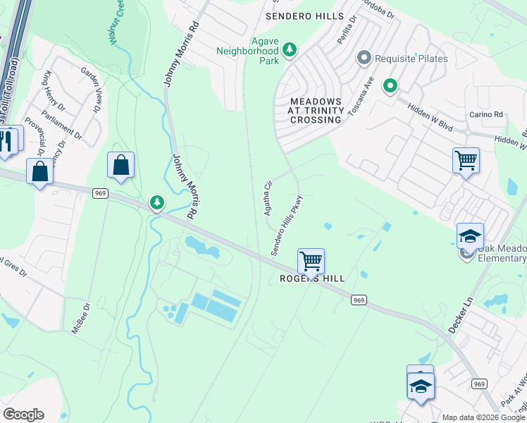 map of restaurants, bars, coffee shops, grocery stores, and more near 5340 Agatha Circle in Austin