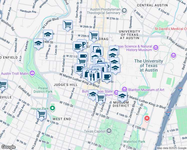 map of restaurants, bars, coffee shops, grocery stores, and more near 2011 San Antonio Street in Austin
