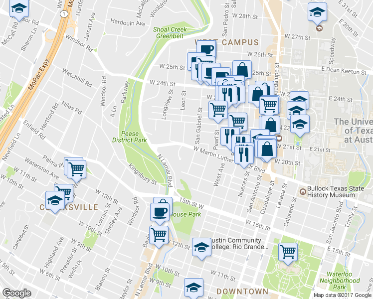 map of restaurants, bars, coffee shops, grocery stores, and more near 1003 West Martin Luther King Junior Boulevard in Austin