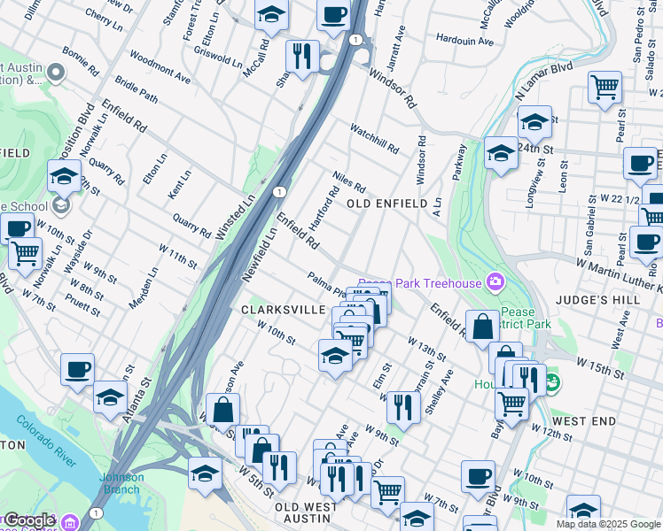 map of restaurants, bars, coffee shops, grocery stores, and more near 1705 Enfield Road in Austin