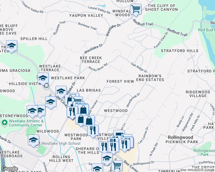 map of restaurants, bars, coffee shops, grocery stores, and more near 502 Honeycomb Ridge in Austin