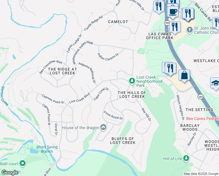 map of restaurants, bars, coffee shops, grocery stores, and more near 1402 Canoe Brook Drive in Austin