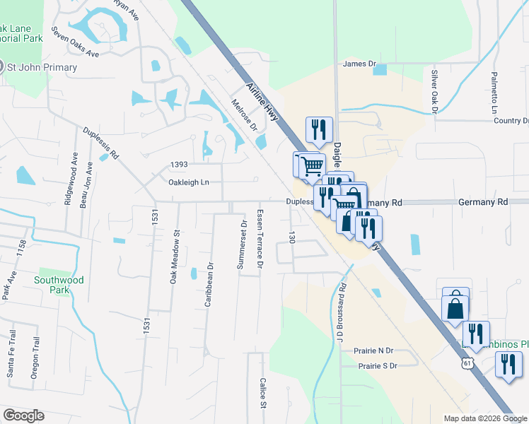 map of restaurants, bars, coffee shops, grocery stores, and more near 14518 Essen Terrace Drive in Gonzales