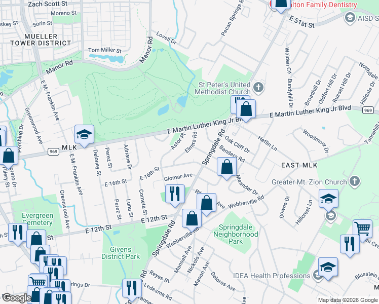 map of restaurants, bars, coffee shops, grocery stores, and more near 1613 Elmira Road in Austin
