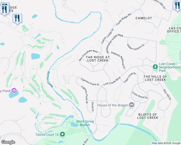 map of restaurants, bars, coffee shops, grocery stores, and more near 1720 Ben Crenshaw Way in Austin
