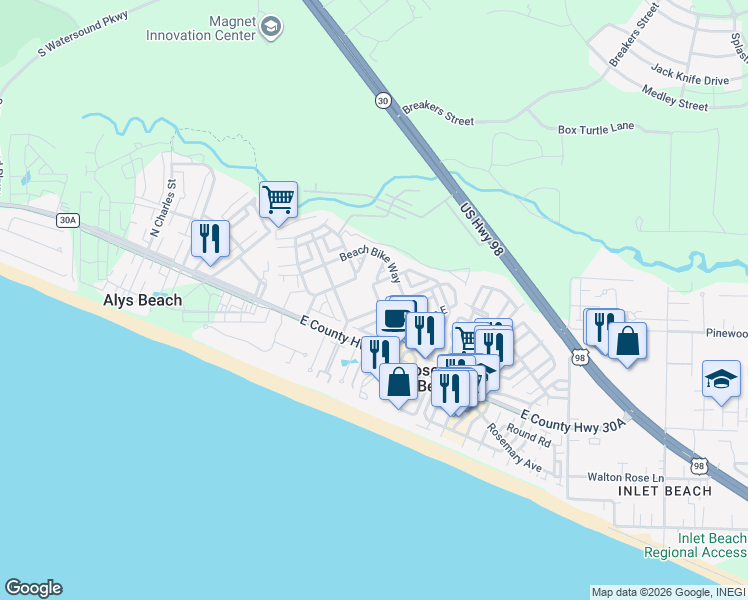 map of restaurants, bars, coffee shops, grocery stores, and more near 25 East Cobia Run in Rosemary Beach