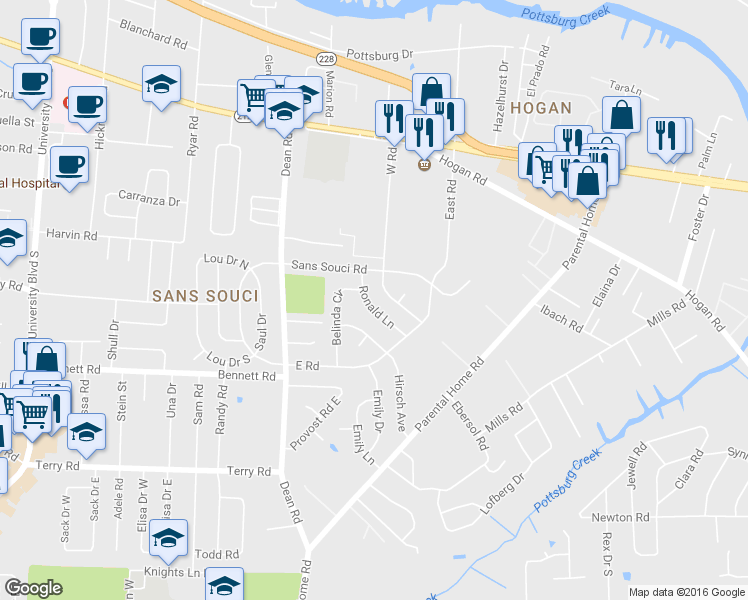 map of restaurants, bars, coffee shops, grocery stores, and more near 2043 Ronald Ln in Jacksonville