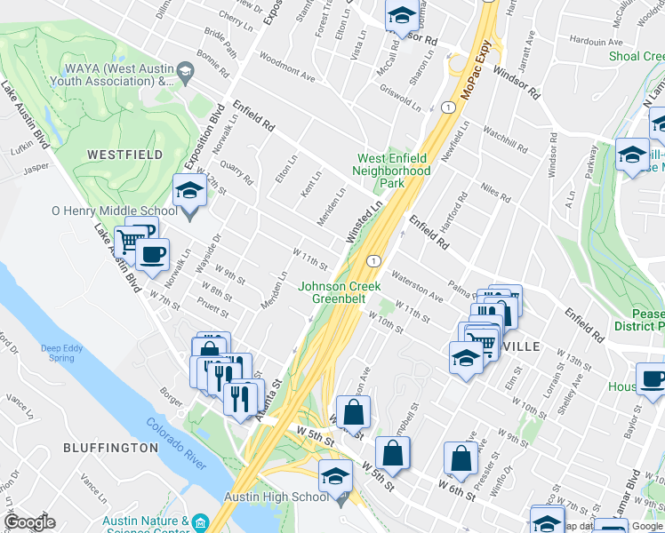 map of restaurants, bars, coffee shops, grocery stores, and more near 1100 Winsted Lane in Austin