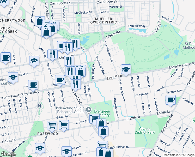 map of restaurants, bars, coffee shops, grocery stores, and more near 3406 East Martin Luther King Junior Boulevard in Austin