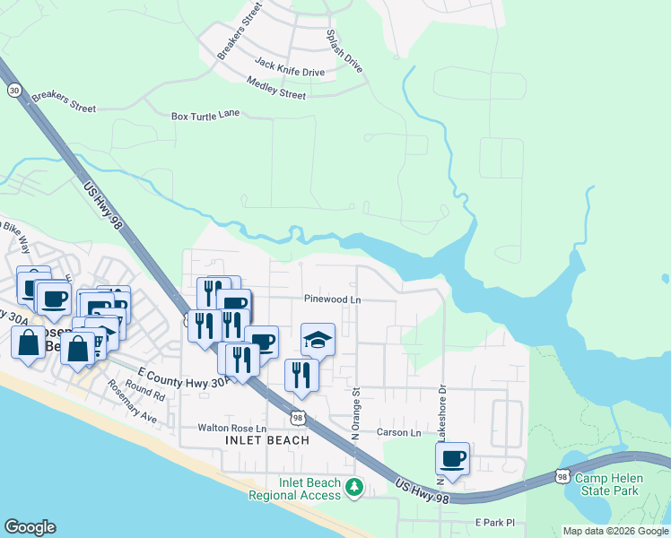 map of restaurants, bars, coffee shops, grocery stores, and more near 961 North Walton Lakeshore Drive in Panama City Beach