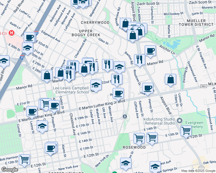 map of restaurants, bars, coffee shops, grocery stores, and more near 2805 East 22nd Street in Austin