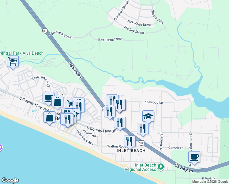 map of restaurants, bars, coffee shops, grocery stores, and more near 188 Willow Mist Road in Rosemary Beach
