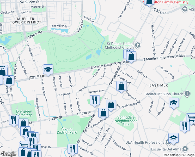 map of restaurants, bars, coffee shops, grocery stores, and more near 1612 Elmira Road in Austin