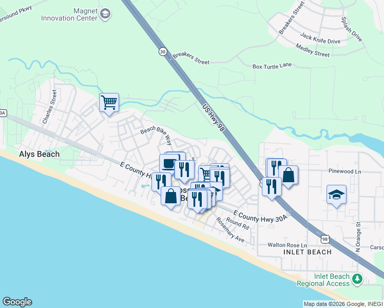 map of restaurants, bars, coffee shops, grocery stores, and more near 37 Lifeguard Loop East in Panama City Beach