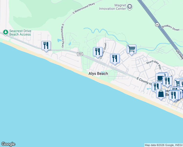 map of restaurants, bars, coffee shops, grocery stores, and more near in Alys Beach