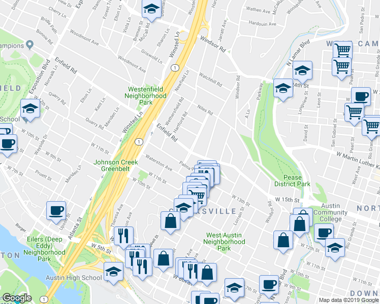 map of restaurants, bars, coffee shops, grocery stores, and more near Enfield Road & Woodlawn Boulevard in Austin